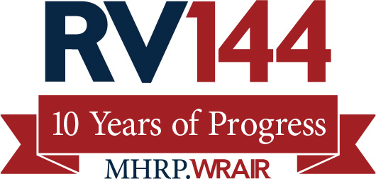 Logo of RV144 blue and red and while