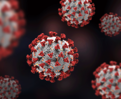 Covid molecule with visible spike proteins in red