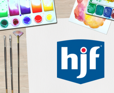 HJF logo with water color paint dishes around top corners