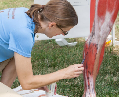 Elisabeth (Betsy) Weissbrod applying écorché painting on an athlete