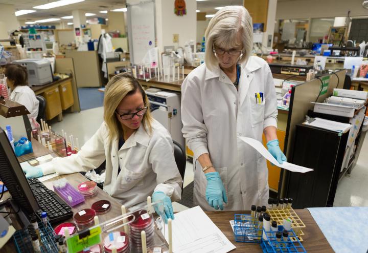 2 female scientists work in lab, one standing one sitting
