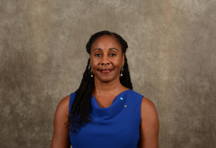 Black woman in blue dress against brown background