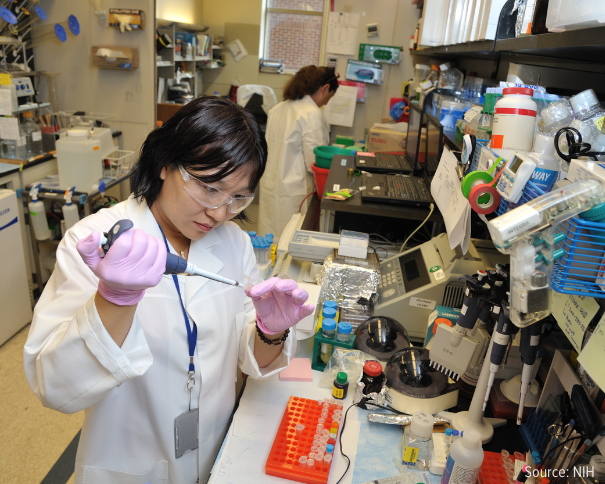 Asian woman uses research lab tools to work